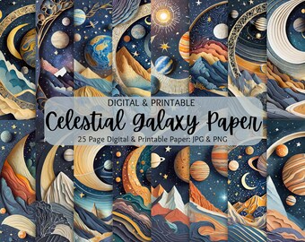 Celestial Galaxy Outer Space Paper | Digital Paper Pack | Commercial Use | Scrapbooking | Planets | Sun | Moon | Stars | Junk Journal Kit