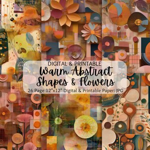 May include: A digital paper pack with 26 warm-toned abstract shapes and flower designs. The designs feature a variety of colors, including orange, yellow, brown, and red. The paper pack is perfect for scrapbooking, card making, and other craft projects.