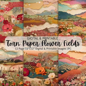 Carta strappata, campi di fiori caldi / Fiori di carta frastagliata / Sfondo floreale / Carta ritagliata a strati / Creazione di biglietti / Album di ritagli / Uso commerciale