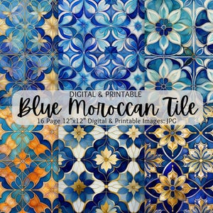 Paquet de papier numérique sans couture carreaux marocains bleus | Arrière-plans numériques | Papier pour scrapbooking | Arabesque ethnique | Fabrication de cartes | Utilisation commerciale