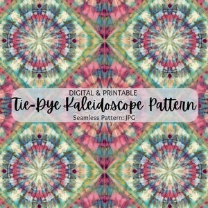 May include: A seamless digital and printable tie-dye kaleidoscope pattern in shades of pink, blue, green, and yellow. The pattern is perfect for fabric, wallpaper, or any other creative project.