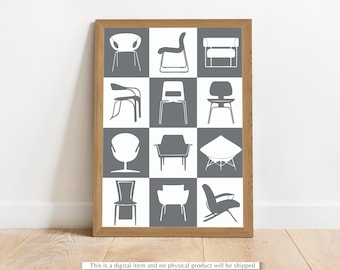 Mid Century Modern Chairs Art Printable | Chairs Poster Wall Art Printable | Mid Century Retro Chairs | Furniture Art | Iconic Chairs