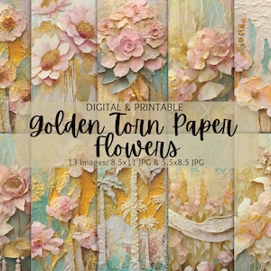 Fiori dorati dell'acquerello di carta strappata / Fiore di carta deckle / Sfondo floreale acquerello / Carta floreale ritagliata a strati / Scrapbooking