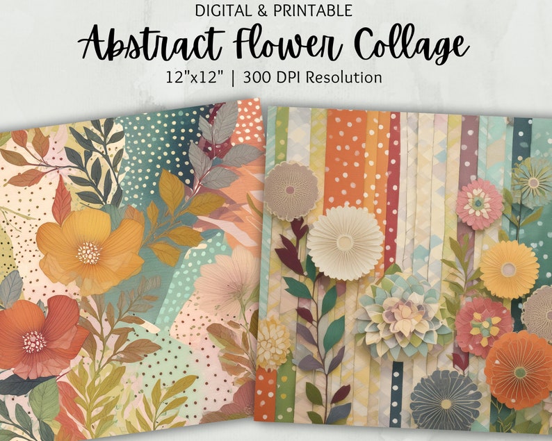 Abstract Mixed Media Flower Collage Paper | Digital Paper | Commercial ...