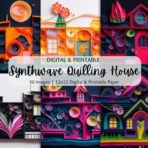 Synthwave Quilling Mid Century Houses Paper Art | Digital Downloads Paper Craft | Commercial Use | Printable Paper | Scrapbooking Paper