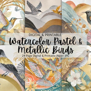 Aquarelle, pastel et papier d'art oiseaux métallisés feuille d'or | Téléchargements numériques | Utilisation commerciale | Papier imprimable | Scrapbooking | Colibri