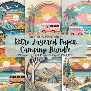 Gelaagde papieren retro-kampeerbundel, png | Digitaal papierpakket | Commercieel gebruik | Plakboeken | Camper | Tent | Kampvuur | Junkjournaal | png