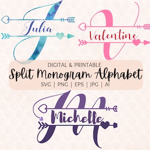 Gesplitst monogram alfabet SVG PNG | Aftelkalender voor Valentijnsdag gesplitst monogram alfabet | Snijbestand voor Cricut, silhouet
