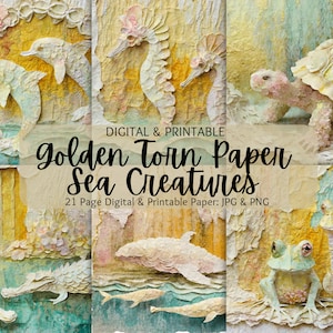 Zerrissenes Papier Aquarell Delfine, Seepferdchen, Alligator, Fisch, Pelikan, Schildkröte, Seestern | Büttenpapier | Geschichtetes Ausschnitt-Papier | Kommerzielle Nutzung