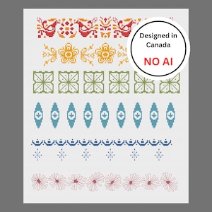 May include: A cross-stitch pattern sheet featuring six horizontal rows of geometric and floral motifs in red, orange, green, blue, and pink. A circular white badge with black text reads Designed in Canada and red text reads NO AI.