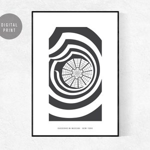 Digital Print - Minimale Innenillustration des Guggenheim Museum New York, von Frank Lloyd Wright. Abstrakte architektonische Illustration Kunst.