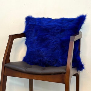 Royal Blue Fox Fur Pillowcase, Genuine Fluffy Fox Fur Pillow, Sax Blue Fur Pillow, Luxury Decorative Pillow, Throw Fur Pillow Case, Soft Fur