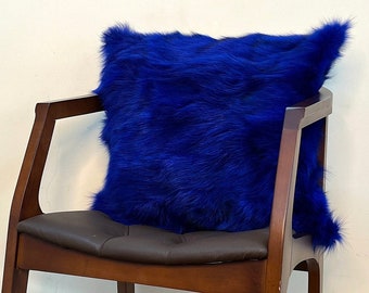 Royal Blue Fox Fur Pillowcase, Genuine Fluffy Fox Fur Pillow, Sax Blue Fur Pillow, Luxury Decorative Pillow, Throw Fur Pillow Case, Soft Fur