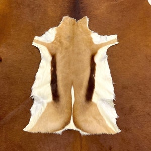 May include: A brown cowhide rug with a smaller, light brown antelope hide rug placed on top of it.