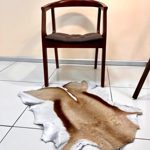 May include: A brown leather chair with a curved back and a brown animal skin rug on the floor.