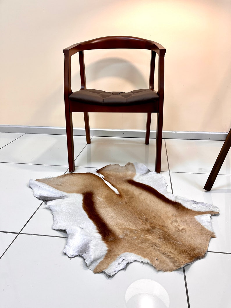 May include: A brown leather chair with a curved back and a brown animal skin rug on the floor.