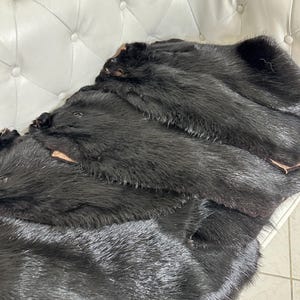 May include: A collection of black fur pelts, likely from an animal, are arranged on a white tufted surface. The fur appears dense and glossy, with variations in texture and slight color differences. The pelts are layered, showcasing their natural form.