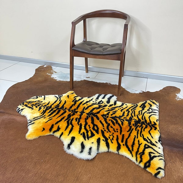 Rare Tiger Print Sheepskin, Wild Tiger Print, XXL Size Orange and Black Striped Tiger Skin, Genuine Sheepskin, Decorative Animal Hide