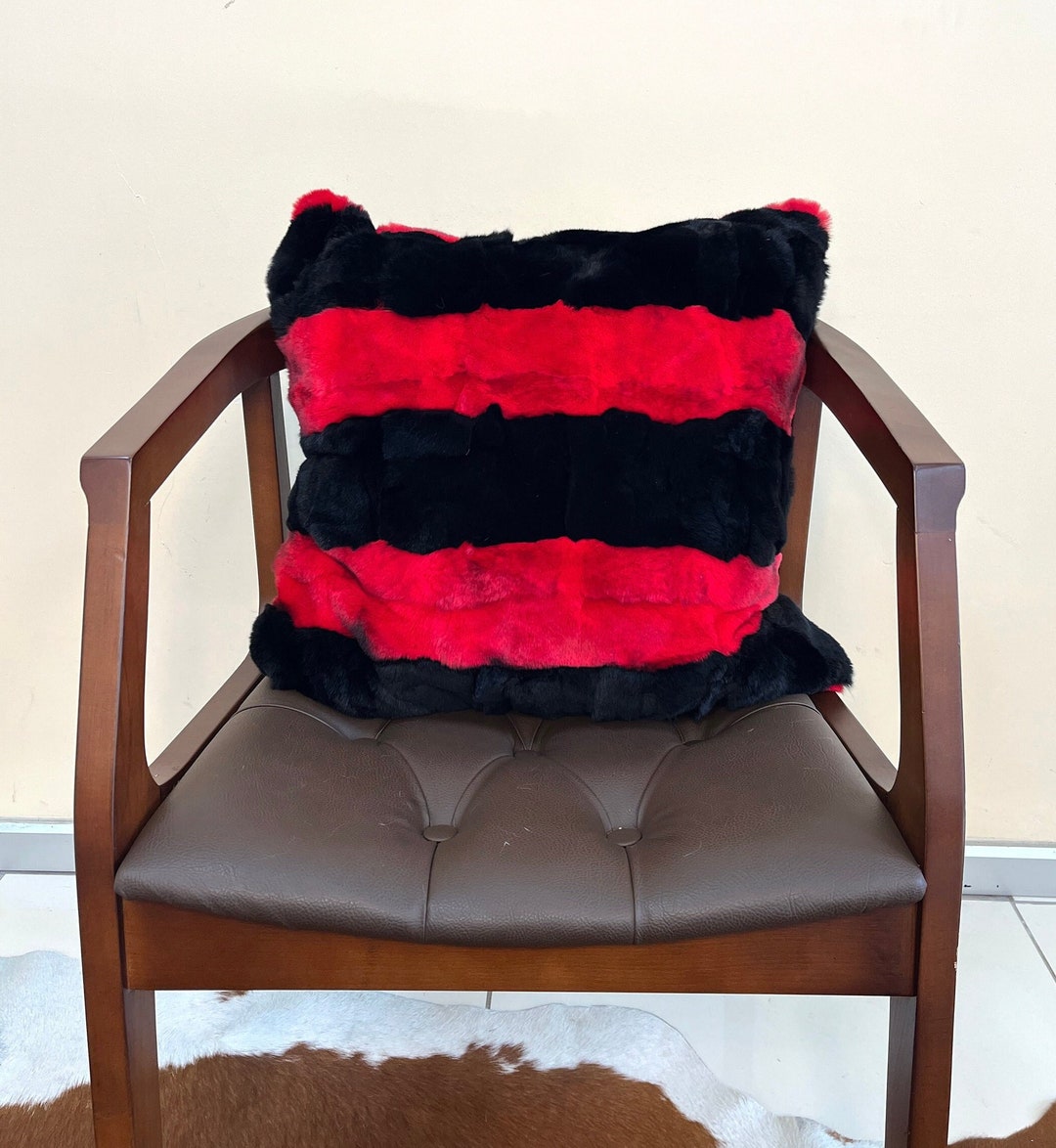 Rabbit Fur Pillow Cover, Black White Striped Pillow, Soft Rabbit Fur