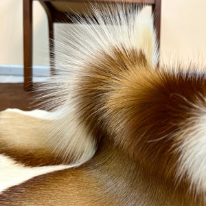 May include: Close-up of a brown and white cowhide rug with long, soft fur. The fur is arranged in a wave-like pattern, creating a textured and luxurious look.