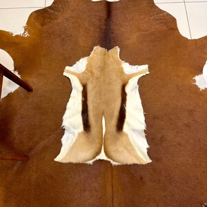 May include: A brown cowhide rug with a smaller, light brown antelope hide rug in the center. The antelope hide has a distinctive pattern of dark brown stripes.