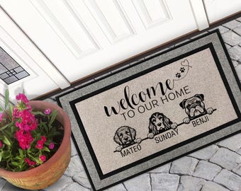 Felpudo de bienvenida personalizado para perro/felpudo con nombre de perro/felpudo para mamá de perro/regalo personalizado para el hogar/felpudo de razas de perros/felpudo para puerta de perro/decoración para puerta de entrada/regalo para amantes de los perros