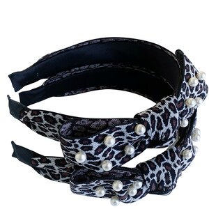 Leopard Headband/Headband With Pearl/Animal Print Top Knot Headband/Knotty Bow Headband/Woman Brown Leopard Headband/Fashionable Headband.