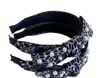 Leopard Headband/Headband With Pearl/Animal Print Top Knot Headband/Knotty Bow Headband/Woman Brown Leopard Headband/Fashionable Headband.