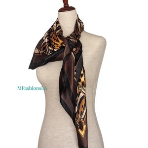 Leopard Print Square Scarf/Satin Leopard Scarf/34 x 34 Inches Scarf/Leopard Print Neckerchief/Woman Fashion Scarf/Animal Print Bag Scarf