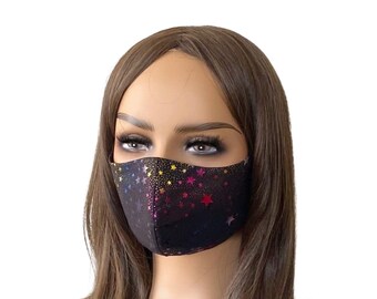 Rainbow Stars Cotton Face Mask: Shiny Foil Bling, Adjustable, with Pocket
