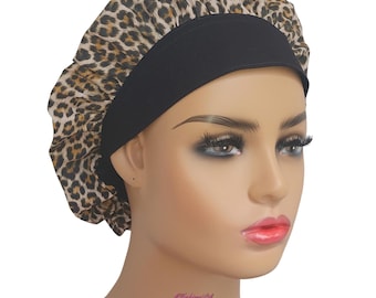 Leopard Print Bouffant Scrub Hat with Buttons & Matching Mask
