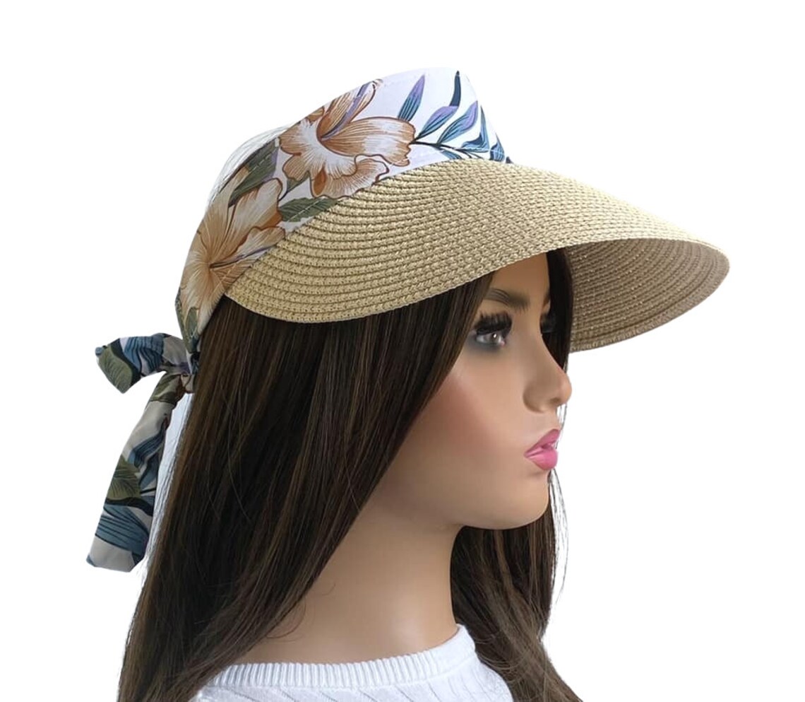 Straw Visor Hat/hat With Floral Ribbon Tie/woman Visor Sun Etsy