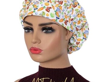 Easter Bunny Bouffant Scrub Hat | Cotton Tie-Back Surgical Cap |Nurse Appreciation Gift | Chemo Head Cover l Gift  Healthcare Professionals