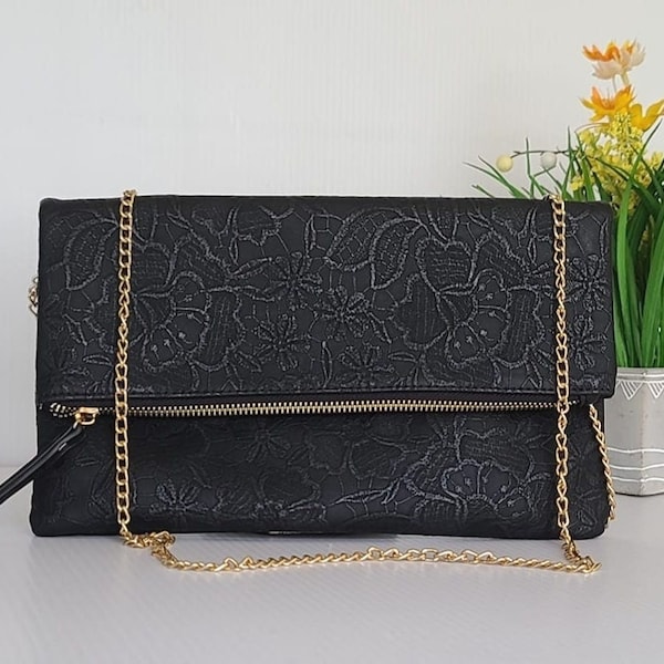 Fold Over Clutch Bag/Zippered Fold Black Bag/Fold Over Purse/Clutch With Chain Strap/Woman Bag Clutch/Gift For Her/Mother's Day Gift