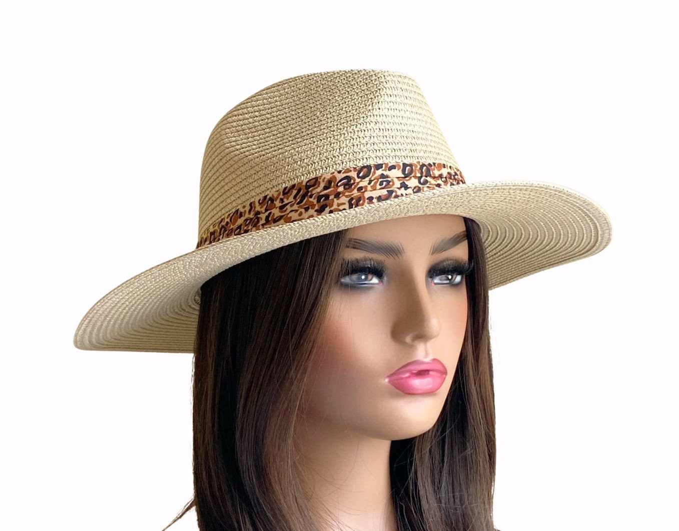 Paper Straw Sun Hat: Beige Fedora With Leopard Band - Etsy display picture 3