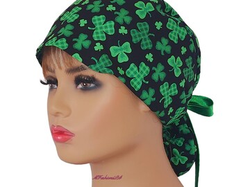 St. Patrick's Day Ponytail Scrub Cap: Lucky Shamrock Cotton Medical Hat