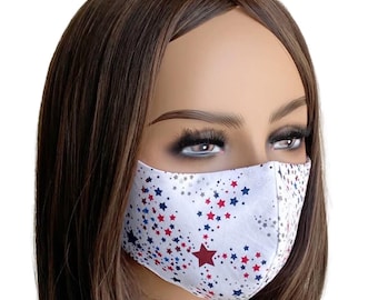 Patriotic Face Mask/July 4th Mask With Nose Bridge/3 Layers With Filter Pocket/Adjustable ear- loops /American Flag Masks /Made in US