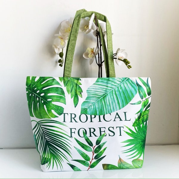 Green Tote Bag/Vacation Travel Bag/Picnic tote Bag/Large Travel Tote Bag/Green Tropical Forest leaves Tote Bag/Mother's Day Gift