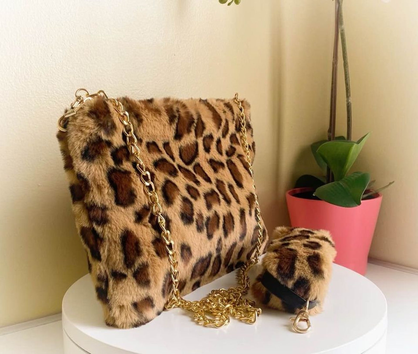 leopard print fur bag