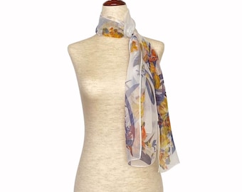 100% Silk Chiffon Scarf/Woman White Floral Scarf/Fashionable Scarf/Beautiful Elegant Silk Scarf/Lightweight Summer Scarf/Gift For Her