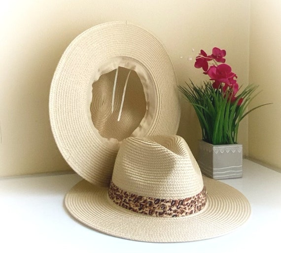 Paper Straw Sun Hat: Beige Fedora With Leopard Band - Etsy display picture 3
