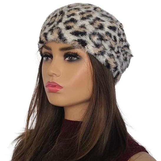 Leopard Print Faux Fur Beret - Women display picture 3