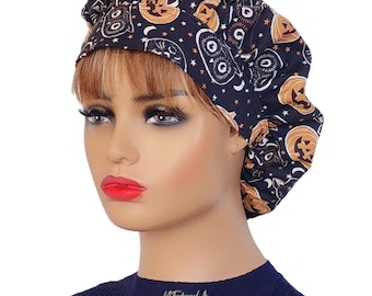 Halloween Scrub Cap/Bouffant Surgical Cap/Scrub Cap For Women/Festive Chemo Cap/Pumpkin & Ghost Scrub Cap/Healthcare Hat/Gift For Her
