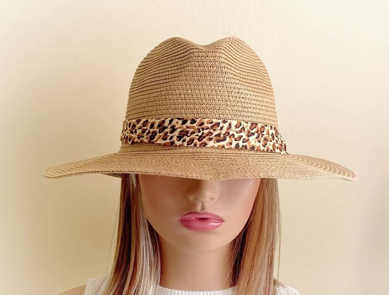 Fedora Leopard Print Band Sun Hat /Khaki and beige Beach Hat Etsy
