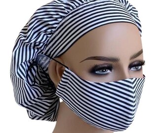 Striped Bouffant Scrub Hat with Mask: Adjustable Nurse Cap