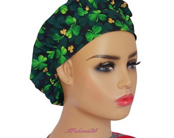 Lucky Shamrocks Scrub Hat /St. Patrick’s Day Surgical Scrub Cap / Four Leaves Clover  Bouffant Cap / Perfect Gift Idea For Nurses