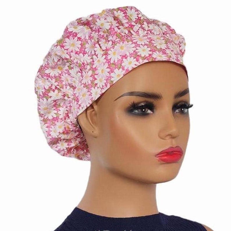 Lavender Daisy Bouffant Scrub Cap: Cotton Surgical Hat with Buttons image 9