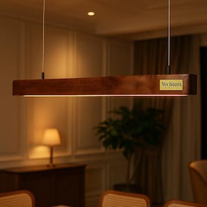 Handgemaakte teakhouten lineaire hanglamp: minimalistische Scandinavische kroonluchter