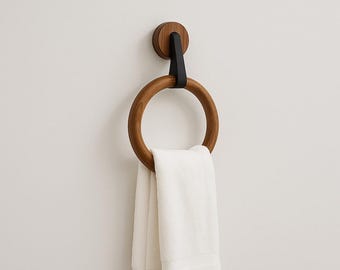 Rustic Rosewood Round Towel Hanger – Wooden Wall Hook, Bathroom hand towel holder, Leather towel ring for wall, Wood small towel rack