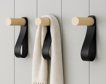 Wood with Leather Wall Hooks | Minimalist Modern Coat & Towel Hanger | Scandinavian Entryway Hook | Handmade Peg Rack